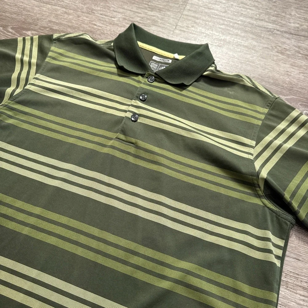 Adidas‎ Polo Shirt Mens Small Green Stripe Climacool Golf Stretch Outdoor Casual